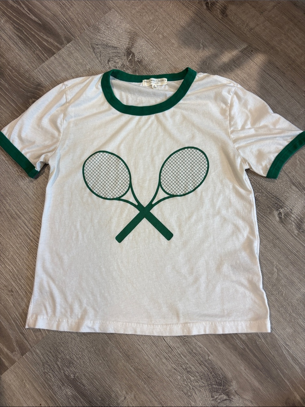 Truly Madly Deeply White Tee with Green Tennis Racket Graphic